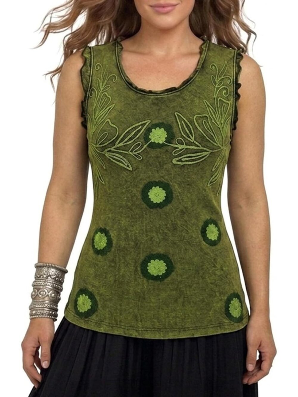 Bohemian Tie-Dye Sleeveless Blouse - Embroidered Wide Strap Tank Top for Women